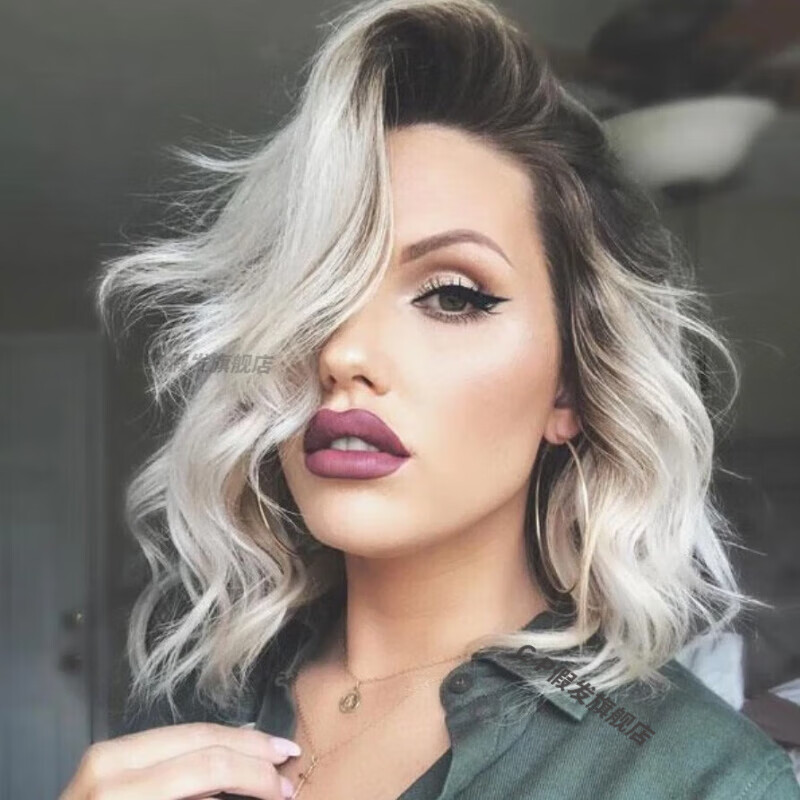 宸芃欧美女士时尚短发渐变色蓬松玫瑰网发套式假发 wigs 时尚卷发渐变