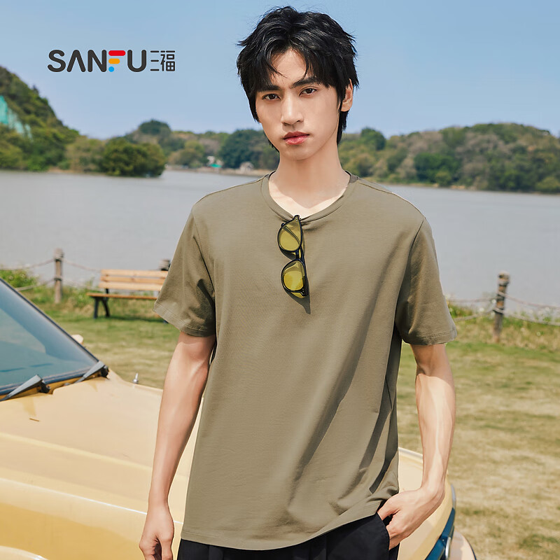 三福2025夏季新款短袖t恤男女圆领纯色上衣情侣款白色休闲打底衫 圆领-黑色 XL