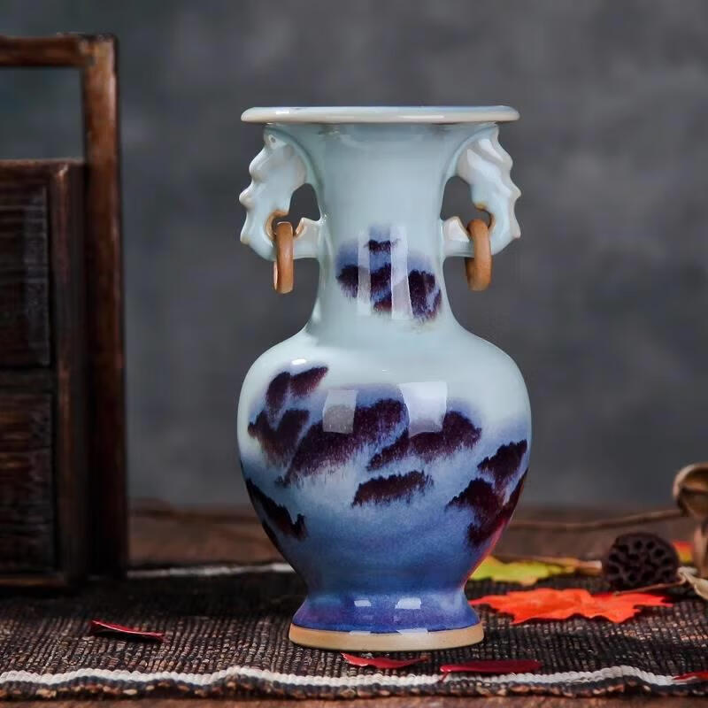 景德鎮(zhèn)陶瓷器創(chuàng)意窯變花瓶擺件鈞瓷仿古花瓶家居裝飾工藝品擺設(shè) 窯變釉雙耳瓶