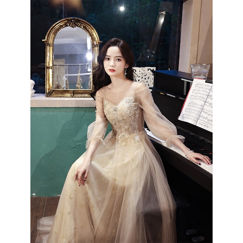 18嵗礼服香槟色声乐学生钢琴演奏艺考主持高端礼服伴 款式1(上身微透)