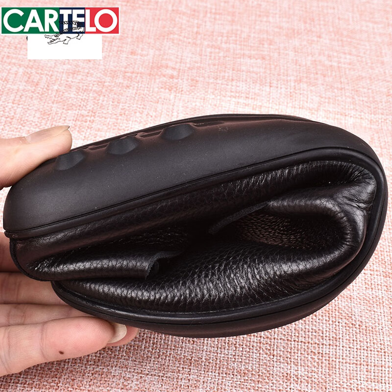 卡帝乐鳄鱼（CARTELO）真皮单层皮鞋男夏季透气轻便懒人鞋软面皮休闲百搭圆头套脚豆豆鞋 黑色 39 标准码