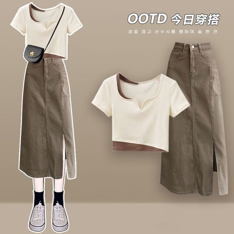 米色短袖t恤牛仔半身裙两 m建议80100斤