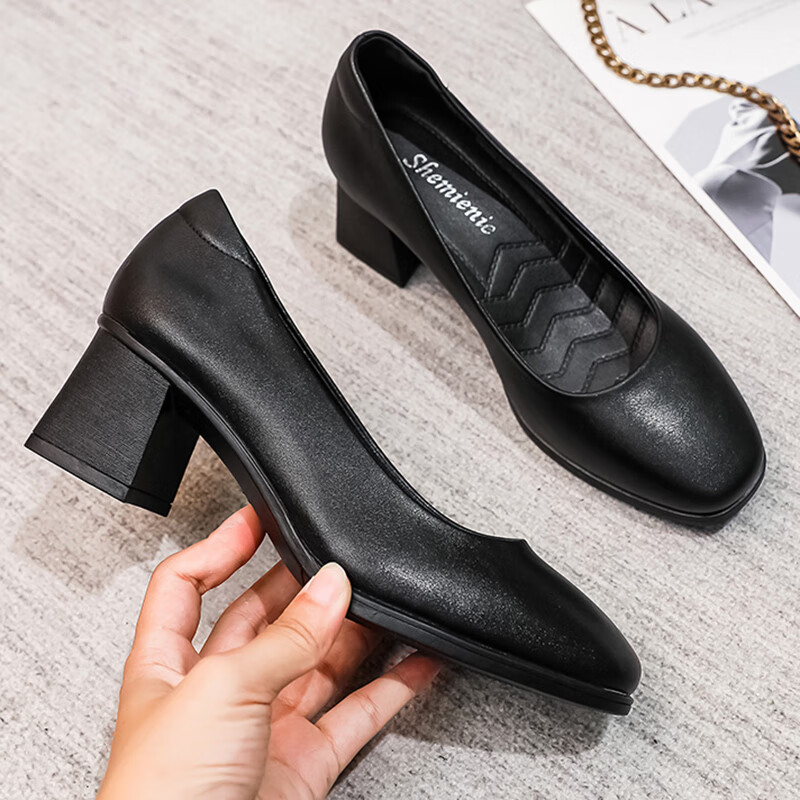 康奈(kangnai)真皮软底方头粗跟久站工作鞋女黑色配西装工装上班皮鞋