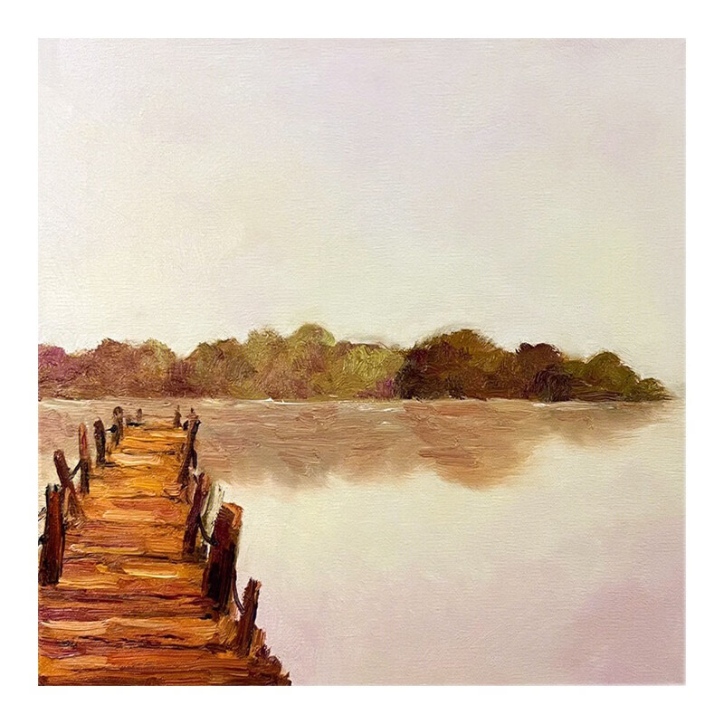 艺幻暖色系风景手绘油画北欧风湖水码头装饰画客厅挂画玄关方形肌理画