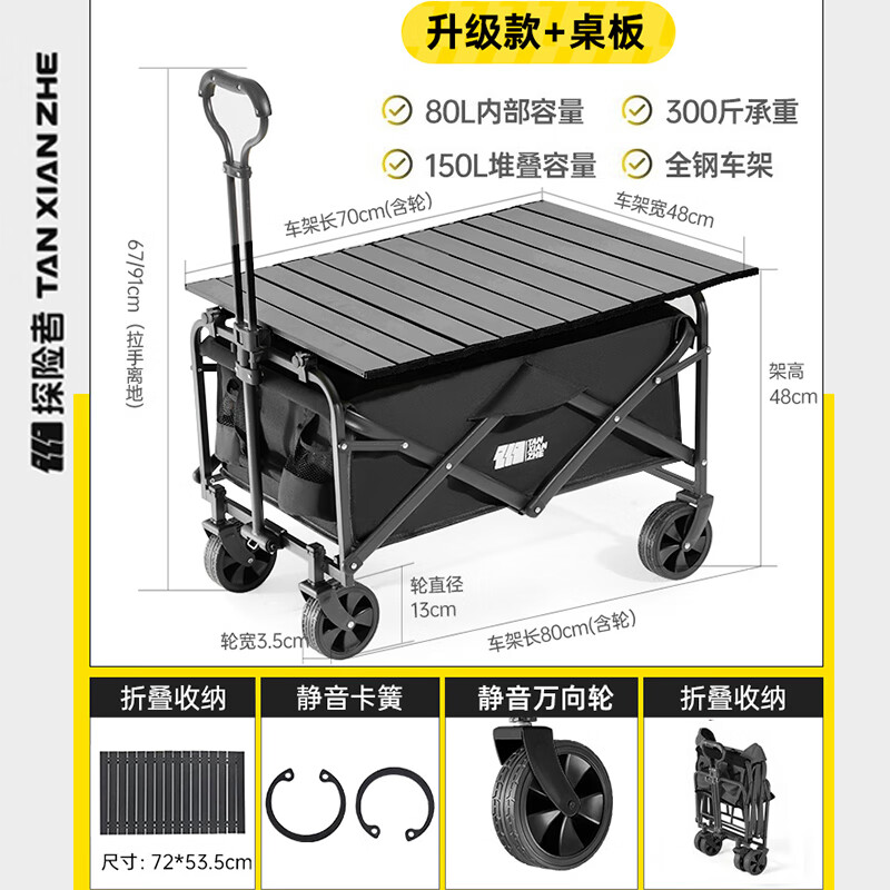 探险者露营车推车户外摆摊手推营地车野营可折叠小拖车野餐手拉车 升级款-曜石黑【全钢架+合金板】