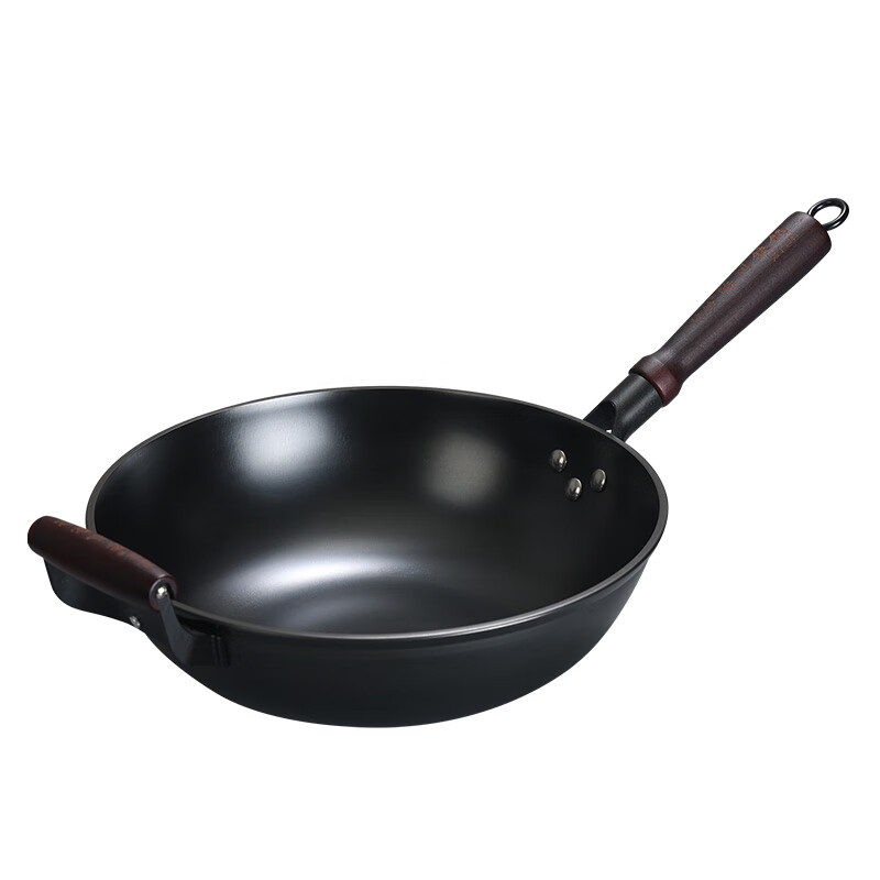 陆铁陆川铁锅手柄款加深平底炒锅无涂层不粘炒菜生铁铸铁锅电磁炉燃气 平底有耳款 34cm （带盖铲）已开锅