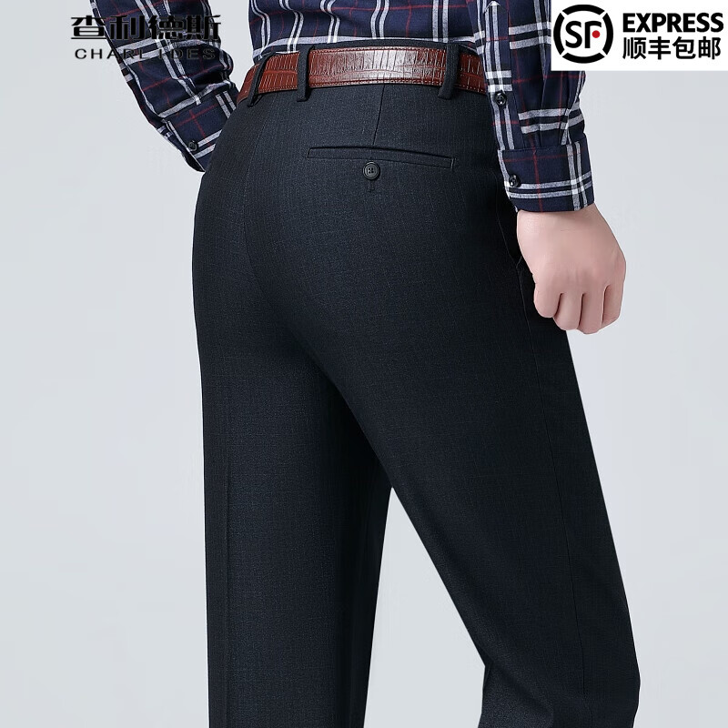 查利德斯貴族高端西褲男秋冬厚款商務(wù)休閑免燙直筒寬松百搭西裝長(zhǎng)褲男 9900-3黑灰色【無(wú)褶修身版】 33 【2尺6腰圍】