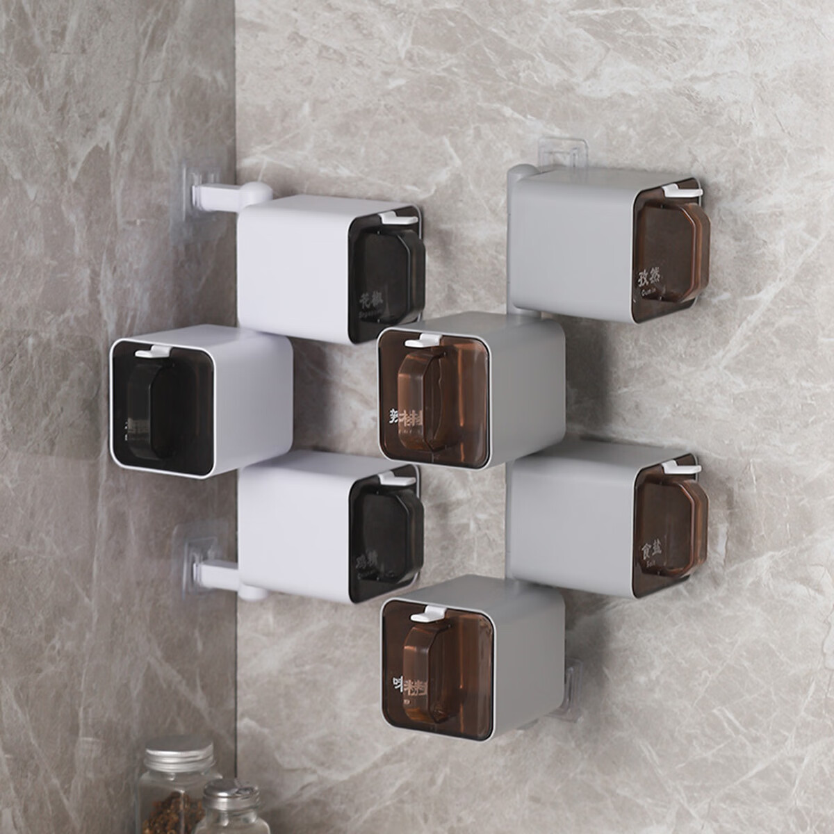 创建厨房旋转调料盒组合套装壁挂式调料瓶收纳盒置物架免打孔 （旋转式）灰色4格