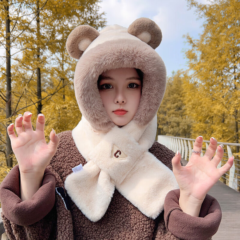山头林村小熊口罩一体帽加厚加绒帽子围巾一体女款冬季2023新款女士