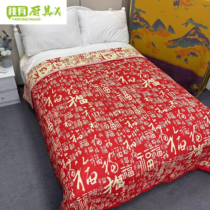 高档百福被夏凉被成人礼盒装150/200 纱布毯红色百福图床盖 红百福