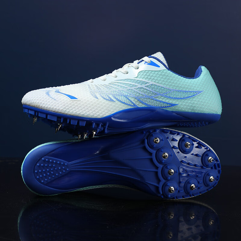 布雷克钉鞋塑胶跑道防滑跑步钉鞋男士田径短跑鞋 白蓝 35