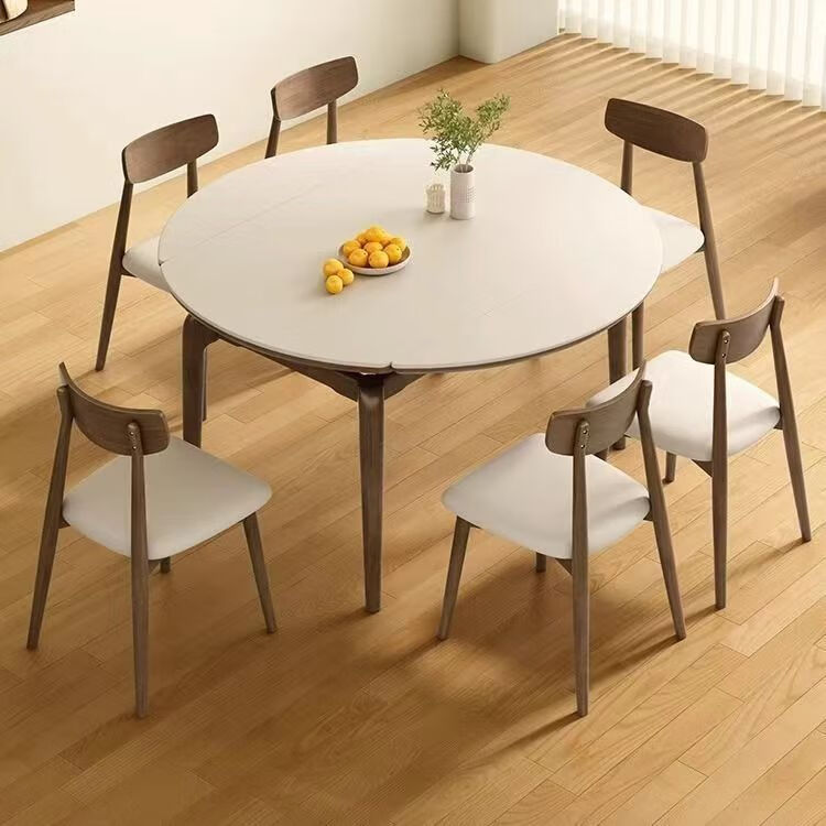 勇致北欧风餐桌家用可伸缩岩板餐桌椅组合折叠方圆两用实木小户型饭桌