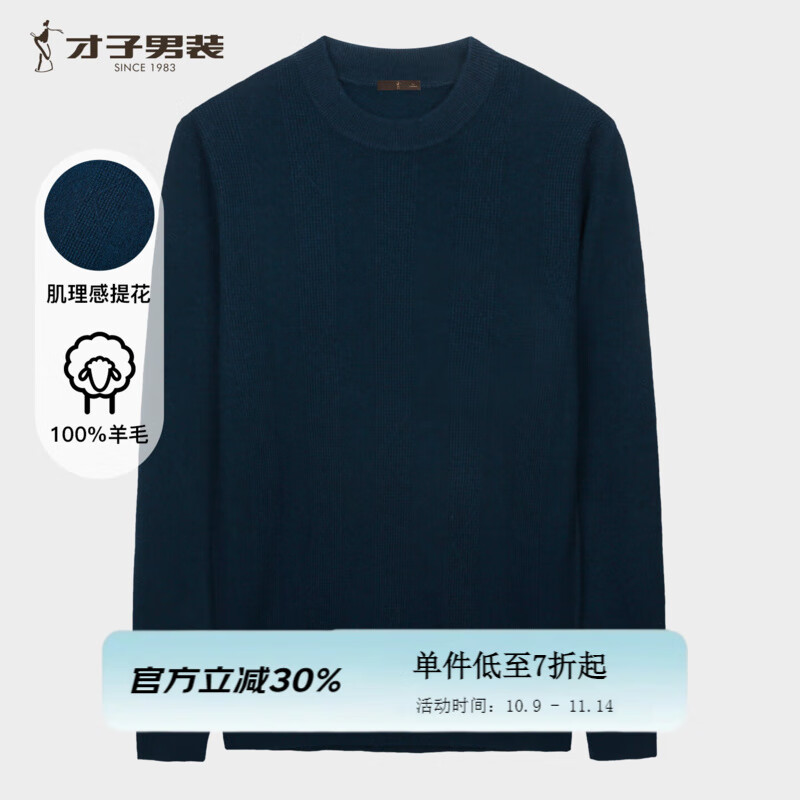 才子（TRIES）100%纯羊毛衫男士秋冬加厚半高领毛衣柔软亲肤保暖纯色打底针织衫 深蓝色 XL 50 （175/92A）