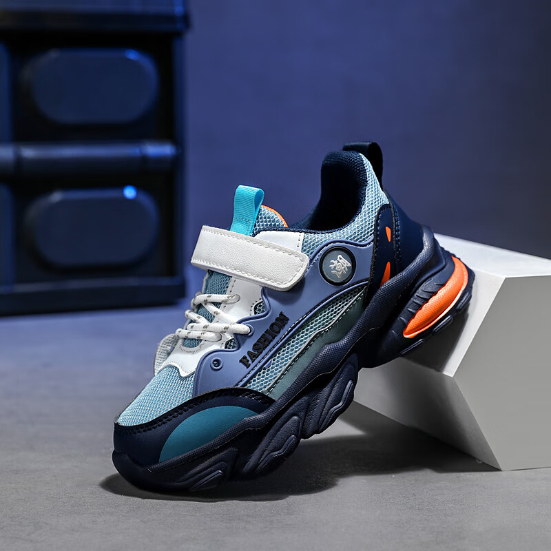 贝天熊儿童运动鞋男童鞋中大童网面春夏季新款透气网面女童轻便跑鞋 BZX878牛仔蓝【双网】 28码 内长17.8/脚16.8