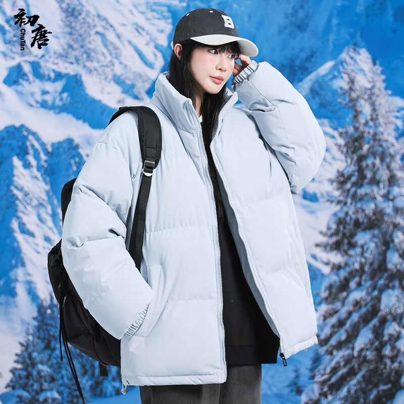 初唐棉服男女情侶棉衣立領(lǐng)加厚保暖冬季簡約仿絲棉面包服 冰河藍 XL 