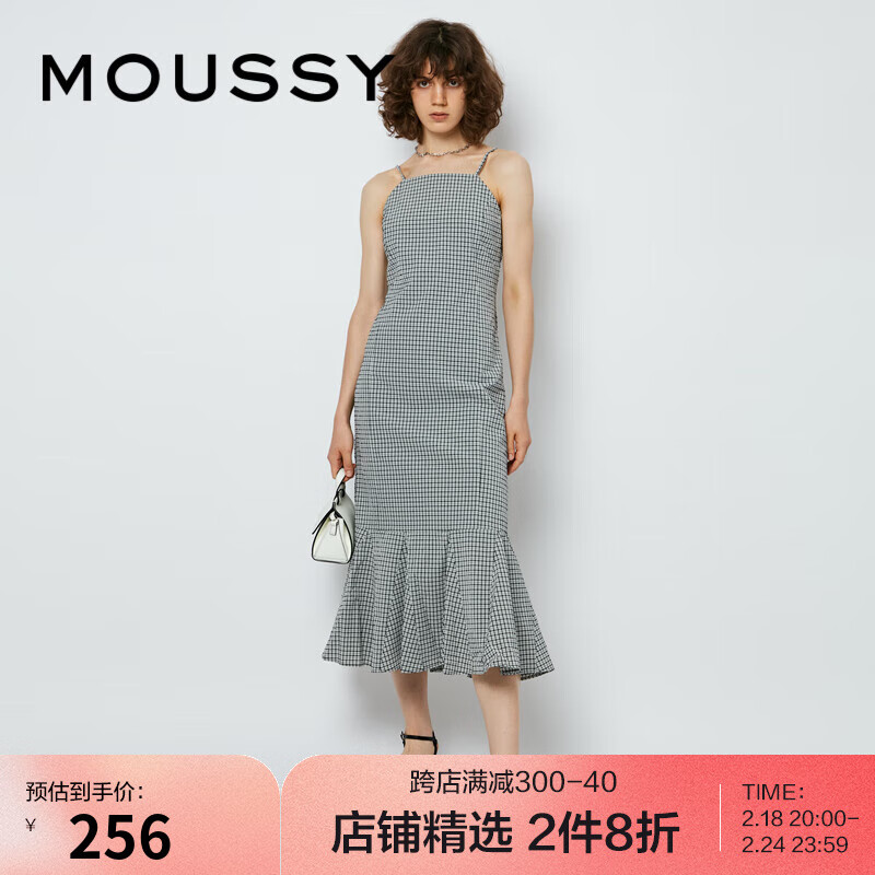 moussy新品背后系带吊带格纹鱼尾连衣裙女010FSS30-2010 020黑色 00001