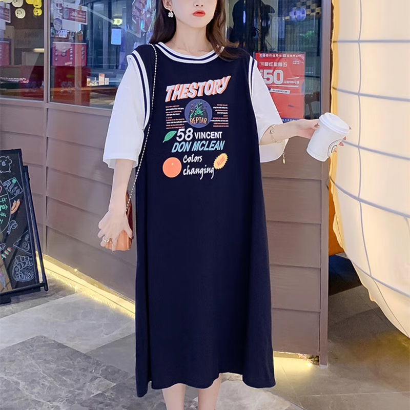 景怡依少女學(xué)生寬松胖女孩女裝夏裝T恤裙大版直筒裙子渡假風(fēng)夏季連衣裙 深藍(lán)色 M
