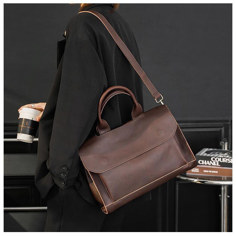 伊森男士电脑包手提包韩版单肩斜挎包商务复古公文包休闲男包 咖啡 中包 13英寸