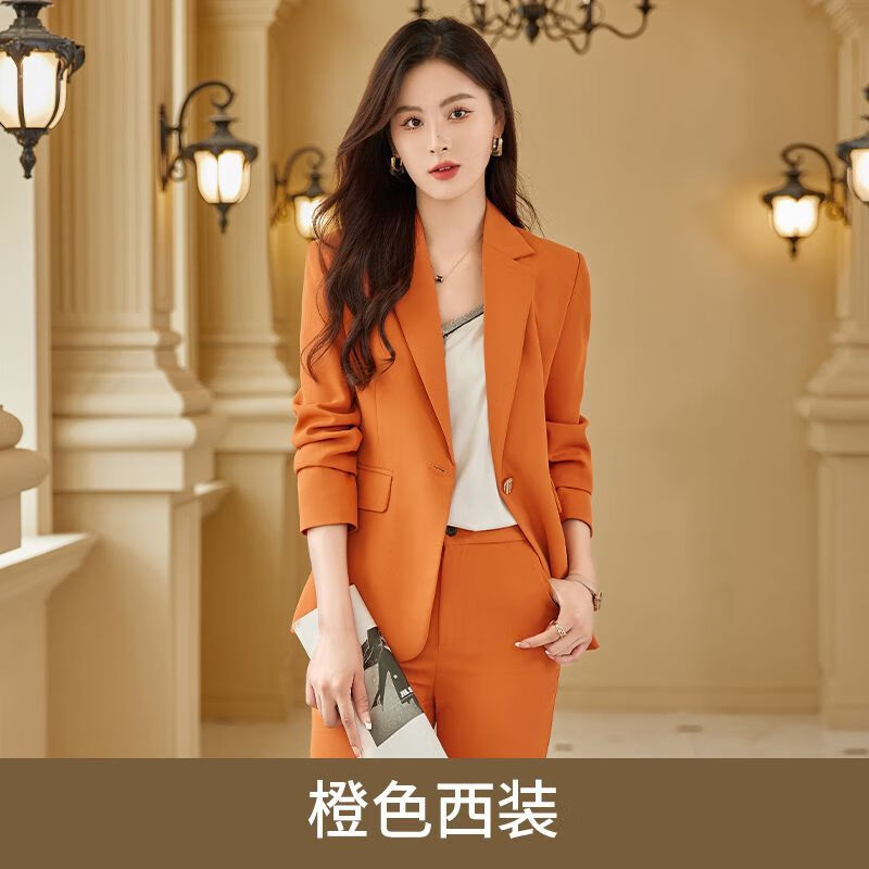 恪信撞色西装外套女新款韩版中长款双排扣橙色西装套装女小个子短款20