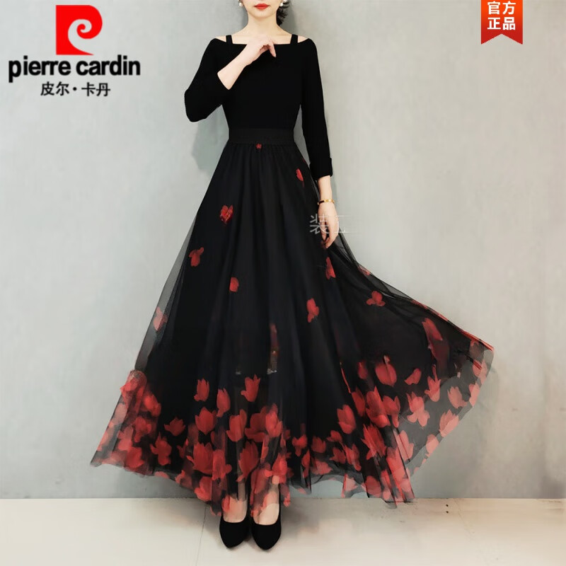 皮爾卡丹（pierre cardin）黑色紅花廣場舞大擺演出百搭顯瘦網(wǎng)紗蓬蓬裙2024春夏新款半身裙 山茶花紅色85厘米裙長 XL