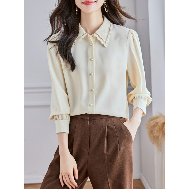 高端法式设计感米色翻领衬衫女冬季新款长袖衬衣百搭气质舒适 杏色 s