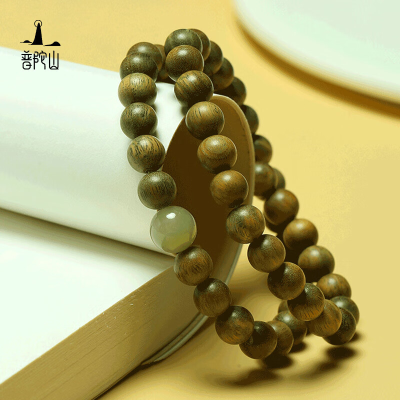 普陀山【正品保真】绿檀木和田玉双圈手串文玩多圈念珠文玩盘玩礼物 【普陀山官方直发】绿檀木和田玉 6mm