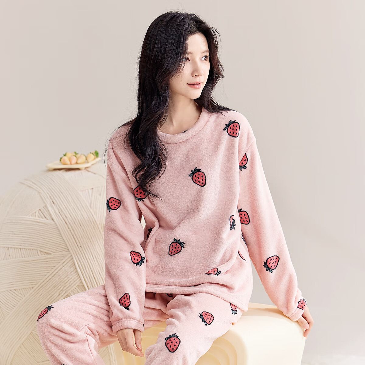 都市丽人女士睡衣女加绒冬季法兰绒加厚保暖圆领套头可外穿家居服套装女 【草莓法兰绒】粉色 XL