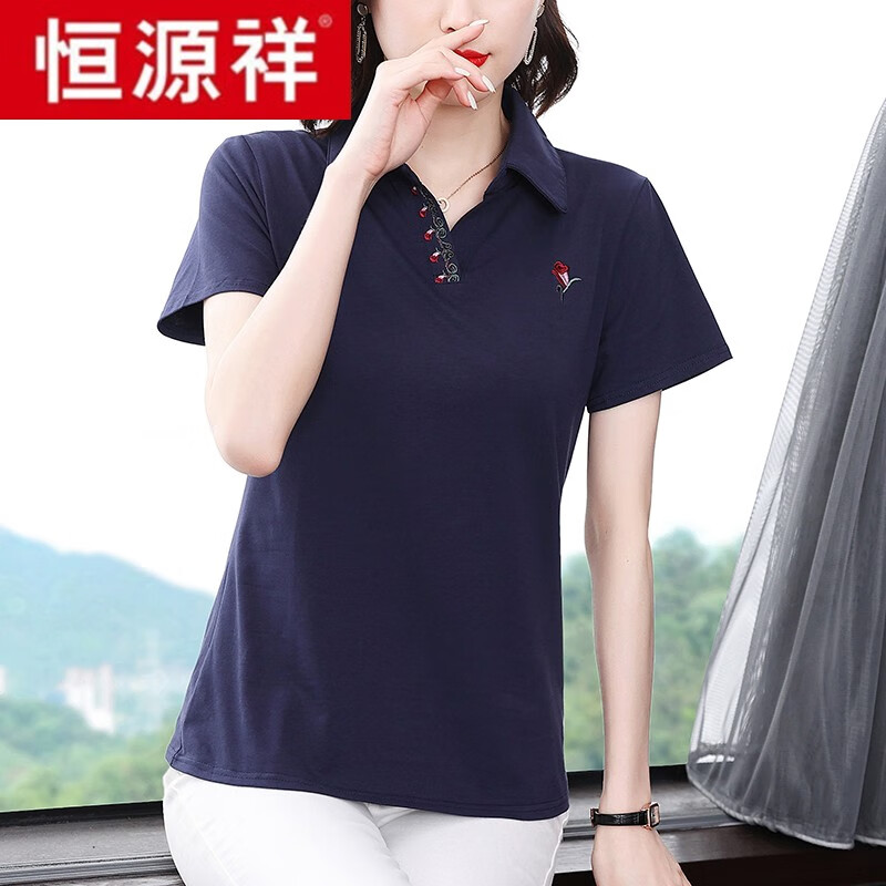 恒源祥夏季女装2024年新款纯棉短袖t恤女中年妈妈翻领上衣洋气漂亮t恤
