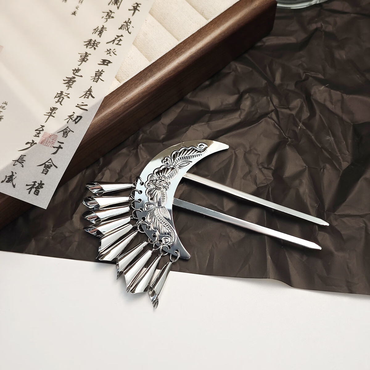 新中式月牙蝴蝶风铃古风发簪国潮民族风个性气质U型发钗饰品 F138-2