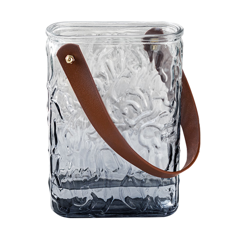 盛世泰堡 北歐玻璃花瓶插花瓶仿真花客廳裝飾擺件切口手提皮革16cm