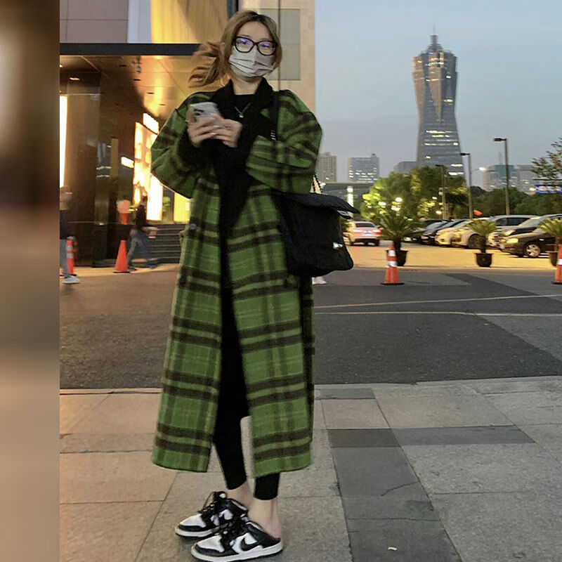 知特双面呢大衣女高级感时髦撞色正反两穿毛呢大衣女绿格高品质 图片
