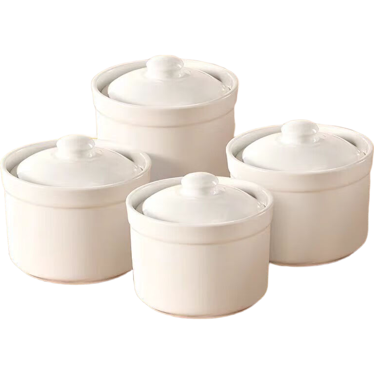 直筒瓦罐一人份隔水炖煲汤煨汤带盖小汤盅蒸菜蛋碗食品级陶瓷炖盅 直筒【白色450毫升】四个