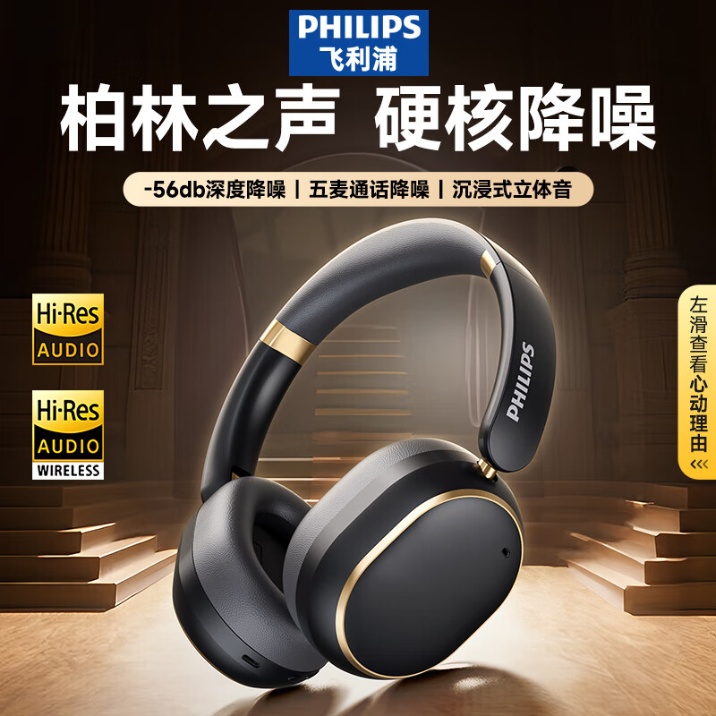 飞利浦（PHILIPS）【重磅旗舰双金标认证】头戴式主动降噪真无线蓝牙耳机电竞游戏音乐隔音高清音质耳麦TAH6519黑