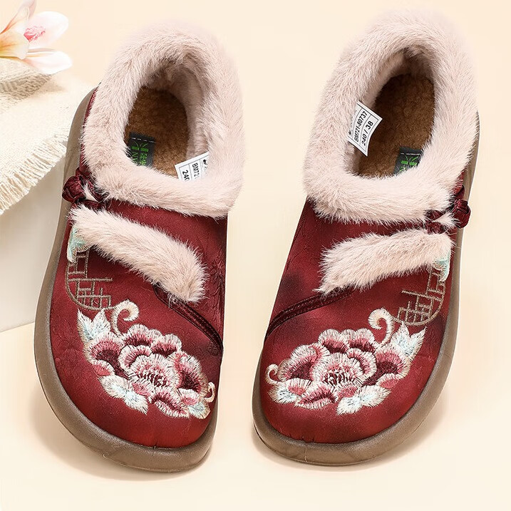 泰和源老北京布鞋女棉鞋冬季加绒防滑保暖舒适软底复古绣花鞋妈妈棉鞋 红色 40