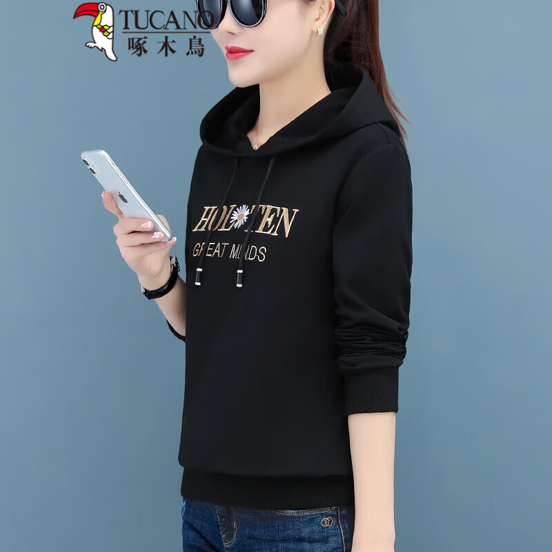 啄木鸟带帽卫衣女早春薄款2024年春秋新款韩版宽松连帽长袖外套短款