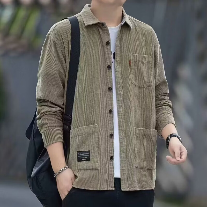 嘉晔(JIAYE)灯芯绒长袖衬衫男士春秋季新款时尚工装上衣休闲衬衣外套上衣潮 卡其色 L 【建议110-130斤】