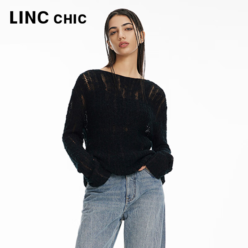 金羽杰薄透镂空长袖针织衫女短款春秋季新品圆领打底小衫上衣S241SW320Y 莱赛尔黑 M 适合110斤以下