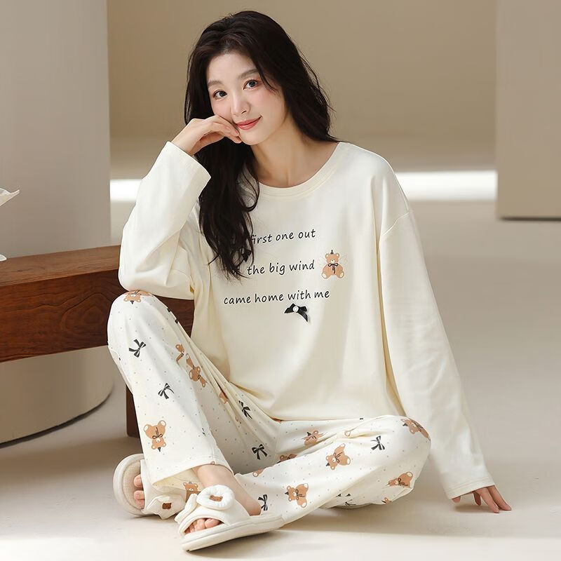 静鹿纯棉秋季新款长袖女士睡衣休闲可外穿家居服套装 6525 2XL 推荐140-160斤
