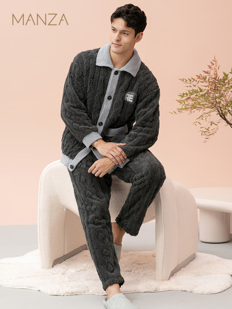 玛伦萨(manza)珊瑚绒睡衣男冬季双面绒简约休闲翻领加绒保暖家居服套装 黑色 3XL