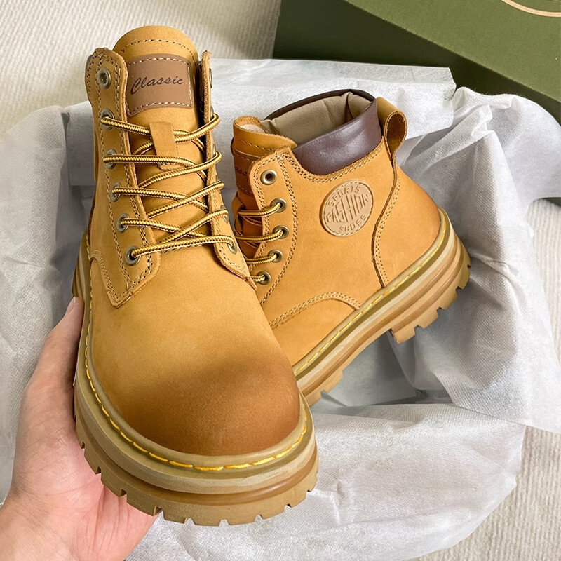 H8马丁靴男中帮英伦风真皮工装鞋高帮厚底户外登山鞋男士大黄靴子 黄棕色（牛皮）旗舰版 40 男码