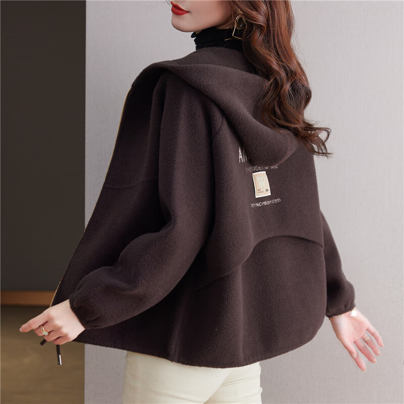 歌米拉（Gemila）短外套女士秋冬款连帽新款棒球服女装休闲开衫宽松外搭小香风上衣 咖色 L 110-120斤