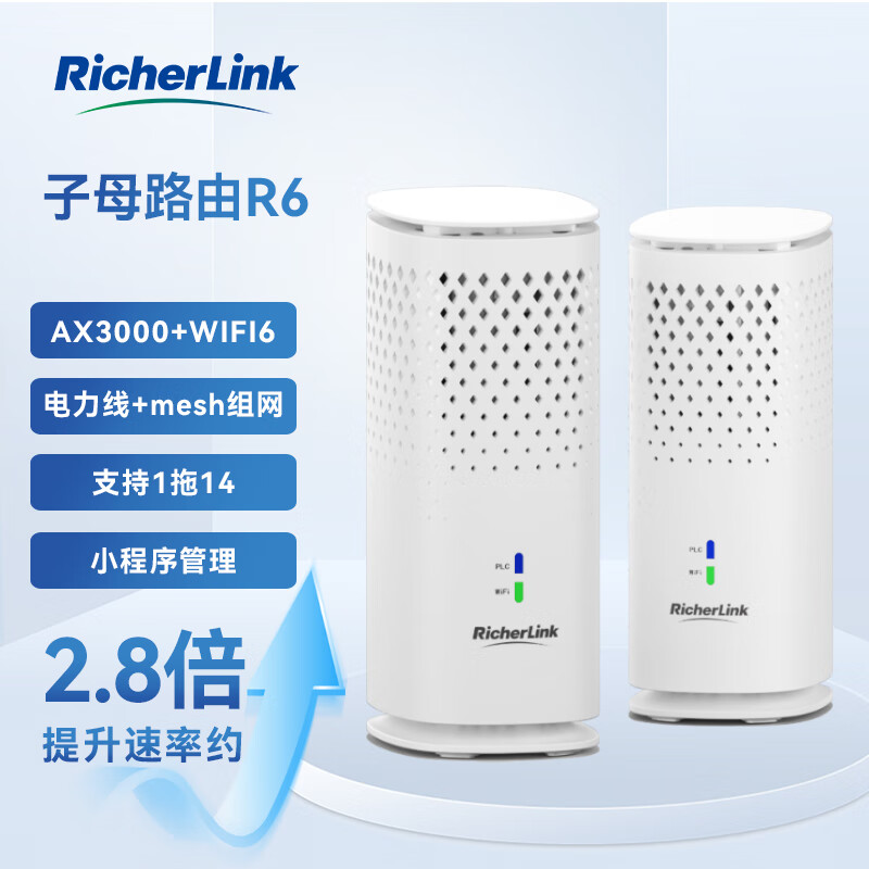 RicherLink AX3000千兆无线子母全屋家用路由器WIFI6电力猫信号放大器穿墙王 R6子母路由套装