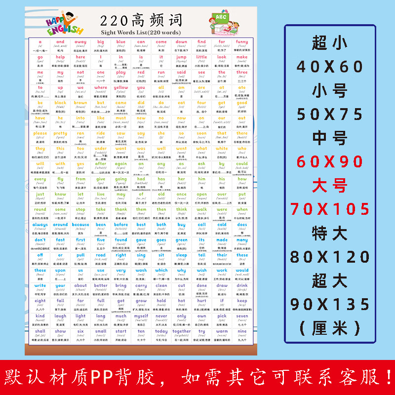 词挂图墙贴sight words分阶段小学英语单词海报 220个高频词(1张)-pp