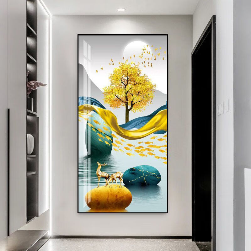 玄关装饰画走廊过道墙壁画竖版现代简约北欧客厅玄幻晶瓷挂画 金鱼树