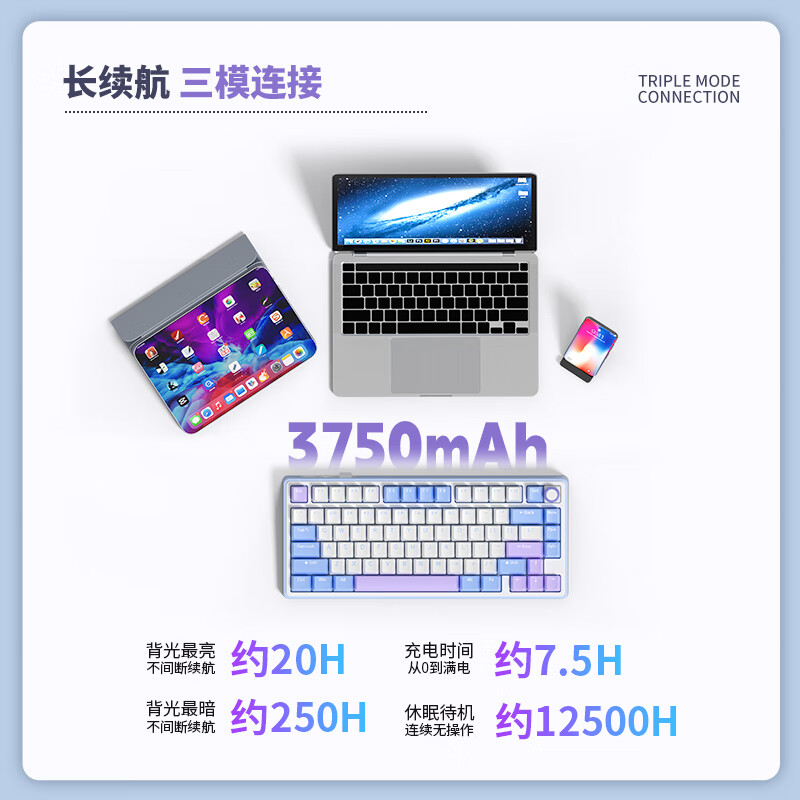 RK ROYAL KLUDGE R75Pro游戏机械键盘无线蓝牙有线三模电竞专用电脑办公客制化75配列女生便携侧刻麻将音网页驱动 R75Pro-空青-烟雨轴V2-三模