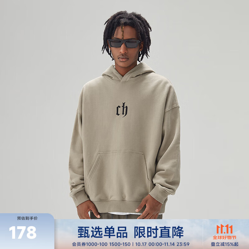 CHINISMCH字母印花连帽卫衣男潮牌美式宽松上衣重磅情侣帽衫 米咖色 L