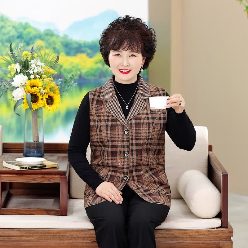 中老年人春秋女士马甲奶奶装格子马夹外穿老人新款背心妈妈坎肩薄 咖