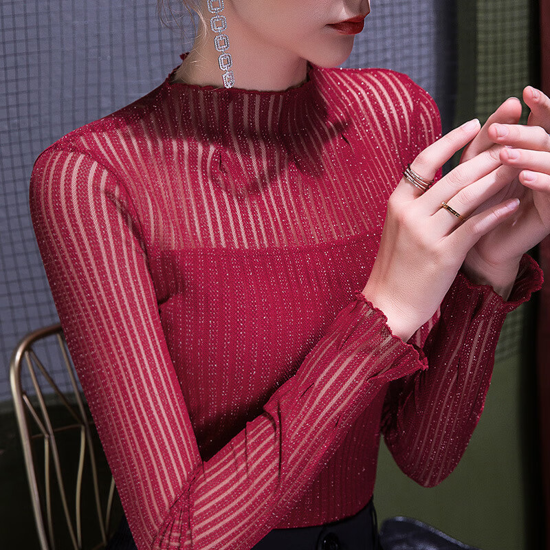 春冬新款半高领打底衫女蕾丝网纱性感欧洲站内搭亮丝洋气小衫 红色 s