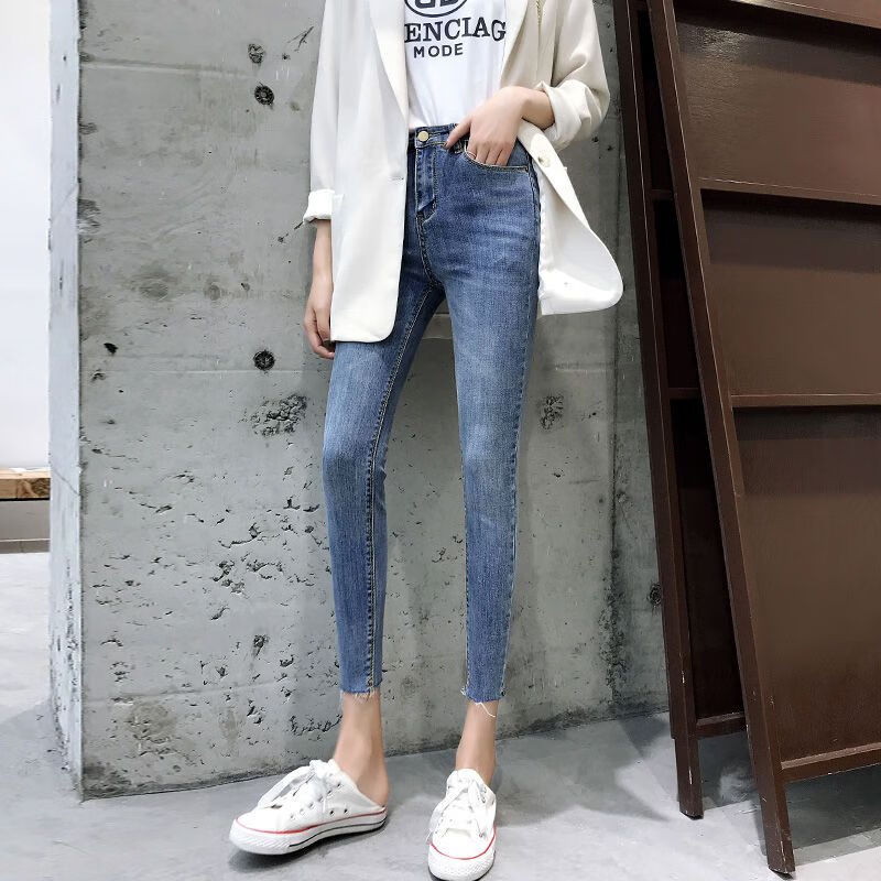 txschif小个子牛仔裤女150八1分裤新款弹力高腰九1分裤2024韩版毛边