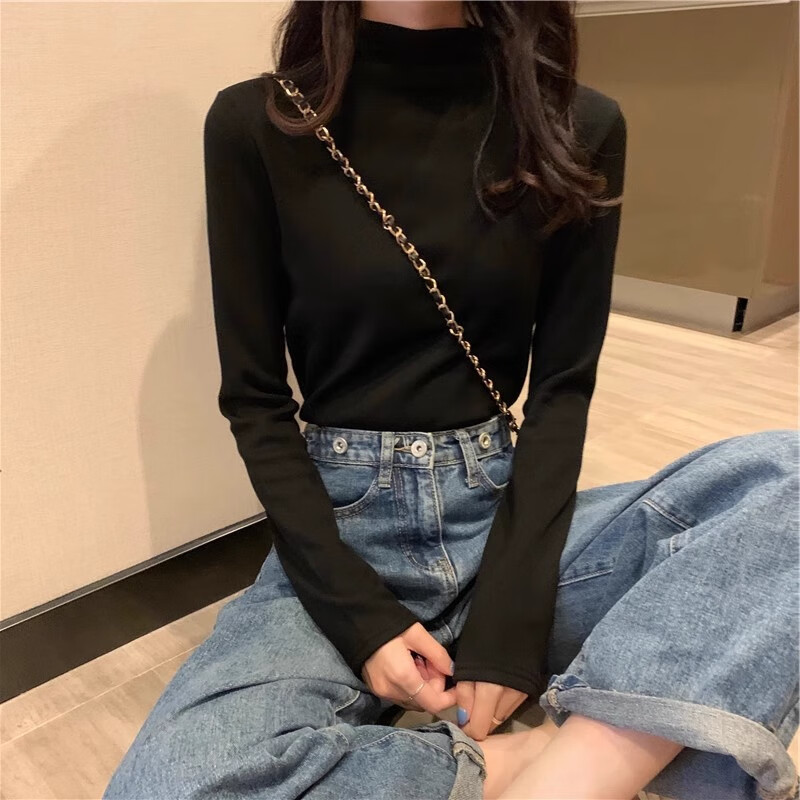 相伊恋人加绒打底衫女24年秋冬季新款德绒双面内搭半高领上衣加厚保暖衣 黑色 均码【适合80-140斤】